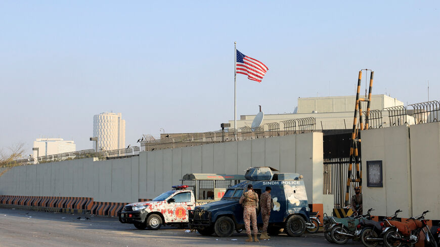 Police and Paramilitary vehicles stand outside the U.S. Consulate General, a day after a protest following news of U.S. and Israeli strikes on Iran that killed Supreme Leader Ayatollah Ali Khamenei, in Karachi, Pakistan, March 2, 2026. REUTERS/Akhtar Soomro