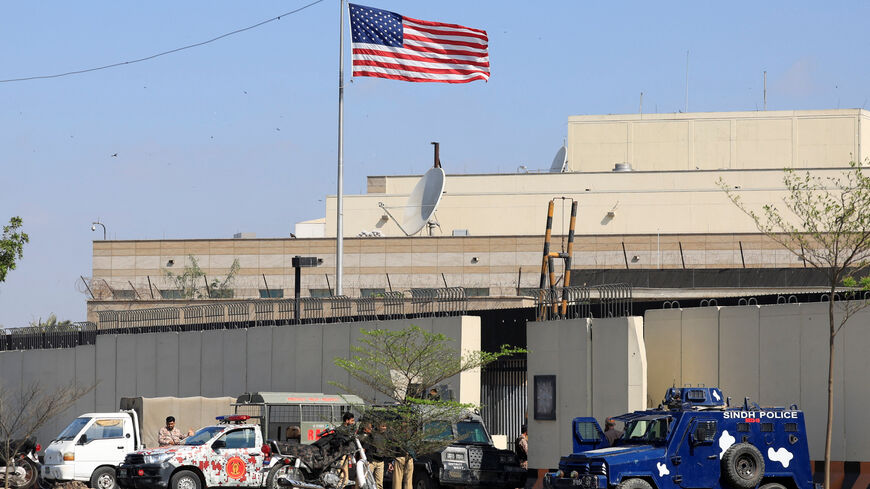 Police and paramilitary soldiers stand guard outside the U.S. Consulate General, days after a protest following the killing of Iran's Supreme Leader Ayatollah Ali Khamenei in U.S. and Israeli strikes on Saturday, in Karachi, Pakistan, March 5, 2026. Picture taken with a mobile phone. REUTERS/Akhtar Soomro