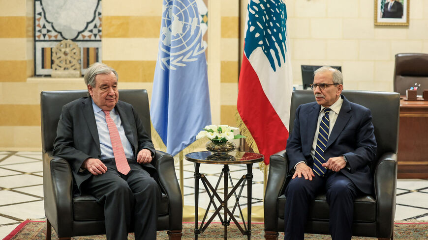 United Nations Secretary-General Antonio Guterres meets with Lebanese Prime Minister Nawaf Salam, following an escalation between Hezbollah and Israel amid the U.S.-Israeli conflict with Iran, in Beirut, Lebanon, March 13, 2026. REUTERS/Mohamed Azakir