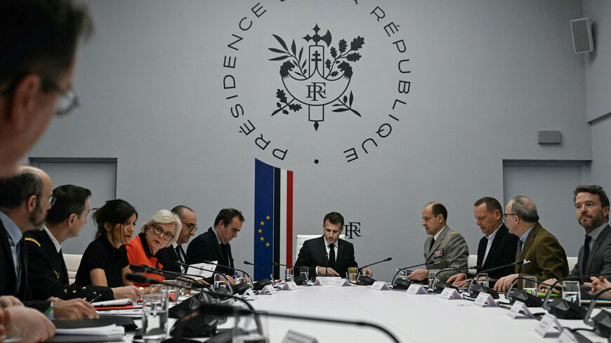 France's President Emmanuel Macron addresses a national defence council meeting at The Elysee Presidential Palace following U.S. and Israeli strikes on Iran, in Paris, France February 28, 2026. Anna Kurth/Pool via REUTERS