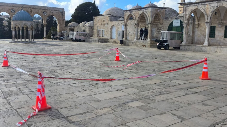 An area of Al-Aqsa compound, known to Jews as the Temple Mount, is cordoned off after Israel's police said they located missile fragments in several locations in the Old City and holy sites following a missile barrage from Iran, amid the U.S.-Israel conflict with Iran, in Jerusalem's Old City, March 16, 2026. Israel Police/Handout via REUTERS