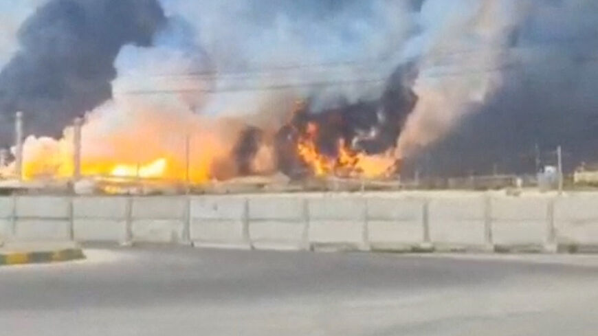 Smoke and fire rise near the South Pars gas field following an attack, amid the U.S.-Israeli conflict with Iran, in Bushehr Province, Iran, March 18, 2026, in this screengrab obtained from a social media video. Social Media/via REUTERS