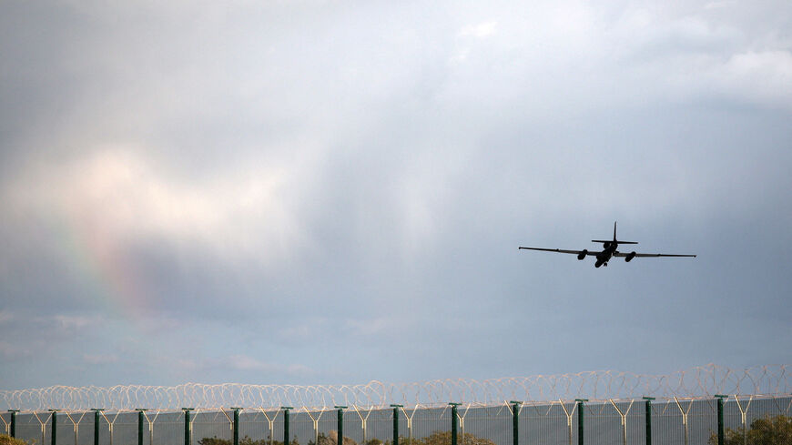 FILE PHOTO: A U-2 aircraft flies after take off from RAF Akrotiri, a British sovereign base that was hit by a drone early on Monday, causing limited damage, in Cyprus, March 7, 2026. REUTERS/Yiannis Kourtoglou/ File Photo