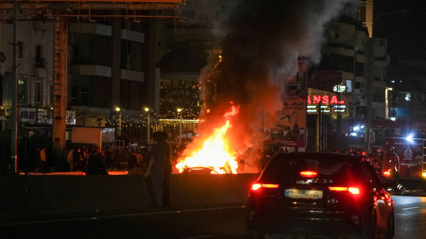 A car on fire following a targeted Israeli strike, amid escalating hostilities between Israel and Hezbollah, as the U.S.-Israel conflict with Iran continues, in Khaldeh, Lebanon, March 31, 2026. REUTERS/Stringer