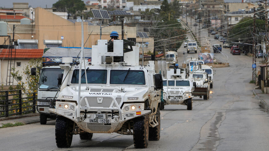 FILE PHOTO: UNIFIL vehicles drive on a main road in Qlayaa, amid escalating hostilities between Israel and Hezbollah, as the U.S.-Israel conflict with Iran continues, in Qlayaa, southern Lebanon, March 27, 2026. REUTERS/Karamallah Daher/File Photo