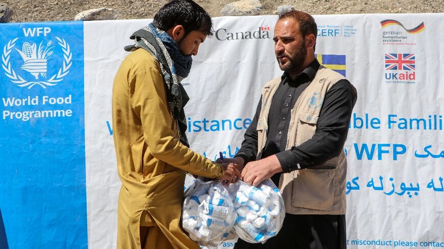 A man receiving packages of fortified biscuits distributed by WFP in Afghanistan's Paktia province