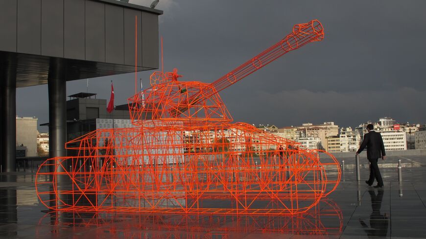 Artist Erdal Duman's work titled "Whoever Owns the Tank Is Soleiman" takes a dig at power.