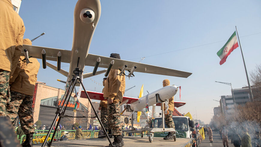 TEHRAN, IRAN - JANUARY 10: Iranian Basij militia members display their drones during military manoeuvres on January 10, 2025 in Tehran, Iran. The Islamic Revolutionary Guard Corps (IRGC) and the Basij, a militia group that has played a prominent role in suppressing protests, held military manoeuvres in the Iranian capital. (Photo by Majid Saeedi/Getty Images)