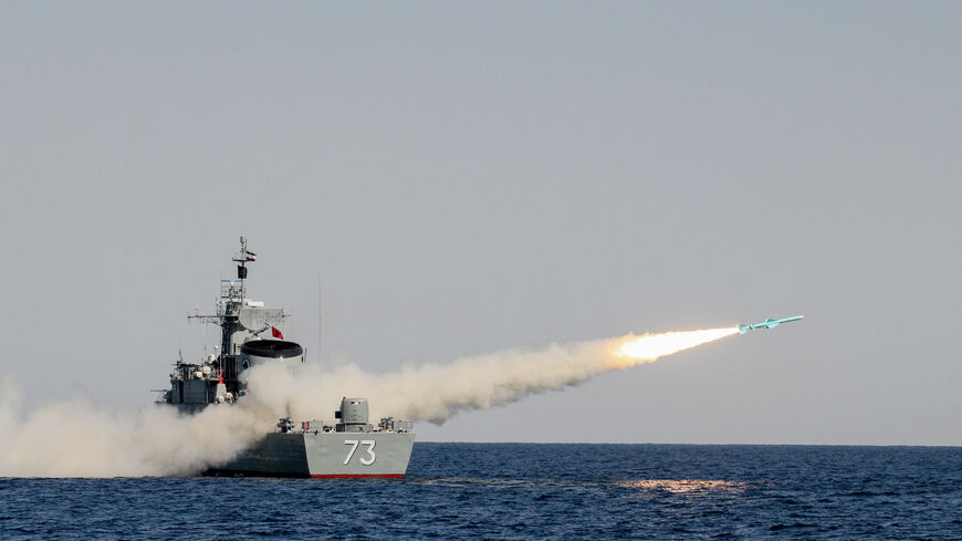A missile launches from IRIS Sabalan, an Alvand-class frigate of the Iranian Navy, during the Velayat 91 drill in the Gulf of Oman on Jan. 1, 2013. 