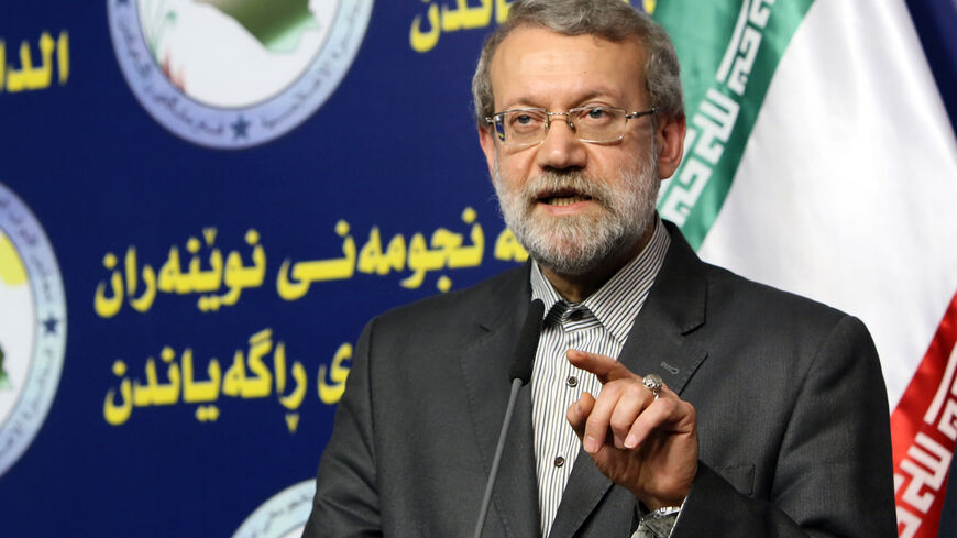 Iranian Parliament's speaker Ali Larijani speaks during a joint press conference with his Iraqi counterpart Salim al-Juburi (unseen) following a meeting on December 24, 2014 in the Iraqi capital Baghdad. AFP PHOTO / ALI AL-SAADI (Photo by ALI AL-SAADI / AFP) (Photo by ALI AL-SAADI/AFP via Getty Images)