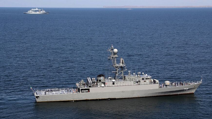 The Iranian navy frigate IRIS Dena (75) is pictured at sea during combined exercises between Iran, Russia and China in the Gulf of Oman in March 2024, in this handout picture from the Iranian Defence Ministry