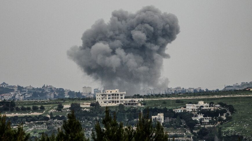 Smoke rises from targeted areas in Lebanon Nabatieh province following an airstrike, on April 26, 2026