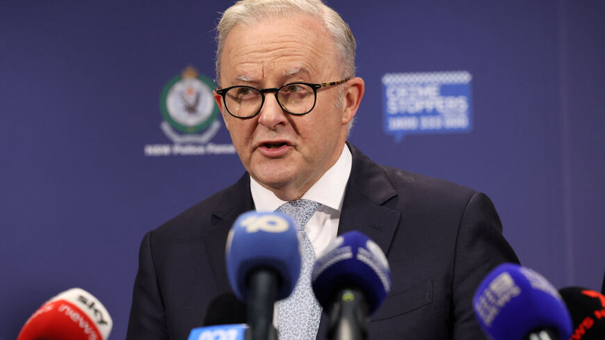 FILE PHOTO: Australian Prime Minister Anthony Albanese speaks during a press conference at NSW Police headquarters, following a deadly shooting incident during a Jewish holiday celebration at Bondi Beach, in Sydney, Australia, December 16, 2025. REUTERS/Hollie Adams/File Photo