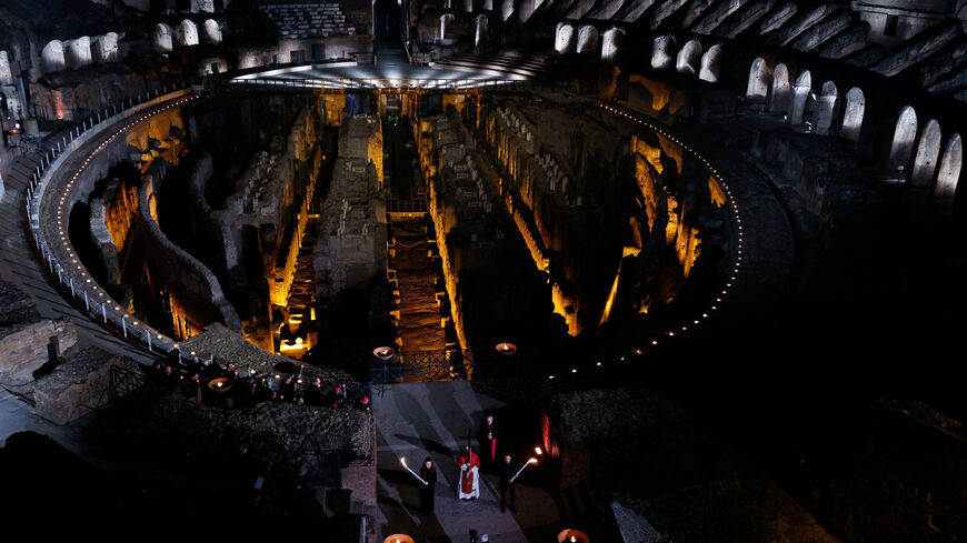 Pope Leo XIV presides over the Via Crucis (Way of the Cross) procession during Good Friday celebrations, at the Colosseum, in Rome, Italy, April 3, 2026. REUTERS/Remo Casilli