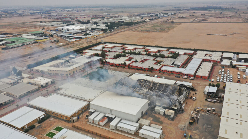 FILE PHOTO: A drone view shows damage at storage facilities belonging to foreign oil companies, after what security sources said was a drone strike west of Basra, Iraq, April 4, 2026. REUTERS/Essam al-Sudani/File Photo