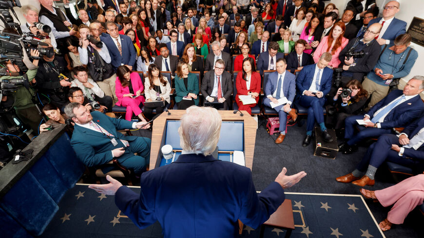 U.S. President Donald Trump gestures as he answers questions from the media during a press conference in the James S. Brady Press Briefing Room at the White House in Washington, D.C., U.S., April 6, 2026. REUTERS/Evelyn Hockstein