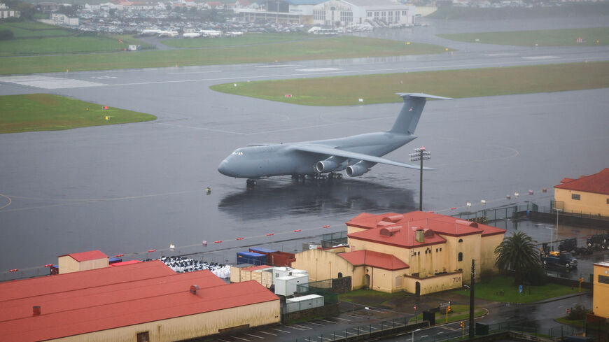 A U.S. military plane on the tarmac of Lajes air base in Terceira island, Azores, Portugal, February 21, 2026. REUTERS/Pedro Nunes