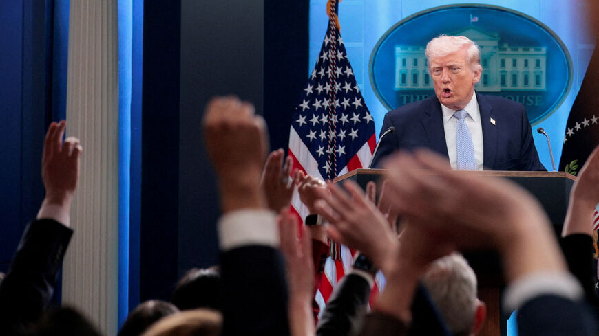 FILE PHOTO: U.S. President Donald Trump takes questions as he speaks during a press conference in the James S. Brady Press Briefing Room at the White House in Washington, D.C., U.S., April 6, 2026. REUTERS/Evan Vucci/File Photo