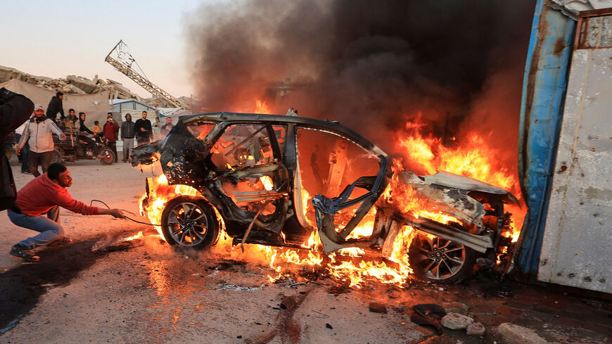 A vehicle burns following an Israeli strike that killed Al Jazeera journalist Mohammad Weshah, according to medics, in Gaza City April 8, 2026.  REUTERS/Dawoud Abu Alkas