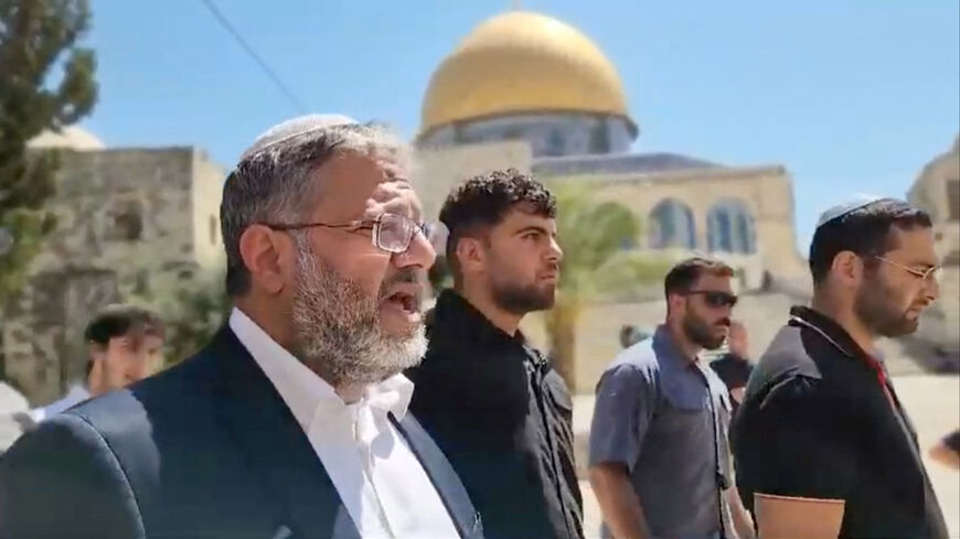 FILE PHOTO: Israeli National Security Minister Itamar Ben-Gvir visits Al-Aqsa compound also known to Jews as the Temple Mount, in Jerusalem's Old City August 13, 2024, in this screengrab obtained from a handout video. Temple Mount Administration/Handout via REUTERS.