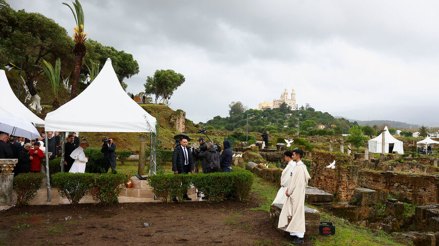 Pope Leo XIV visits the archaeological site of Hippo Regius in Annaba, Algeria, April 14, 2026. REUTERS/Guglielmo Mangiapane