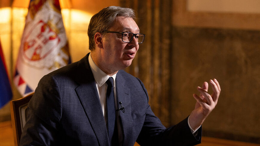 FILE PHOTO: Serbian President Aleksandar Vucic speaks during an interview with Reuters in Belgrade, Serbia, February 4, 2026. REUTERS/Djordje Kojadinovic/File Photo