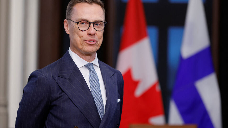 FILE PHOTO: Finland's President Alexander Stubb looks on as he meets with Canada's Prime Minister Mark Carney (not pictured) on Parliament Hill in Ottawa, Ontario, Canada, April 14, 2026. Blair Gable/Pool via REUTERS/File Photo