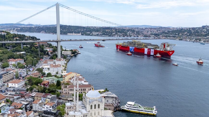 This aerial photograph shows Turkey's first floating natural gas production platform, "Osman Gazi," passing through the Bosphorus, in Istanbul, on May 29, 2025.