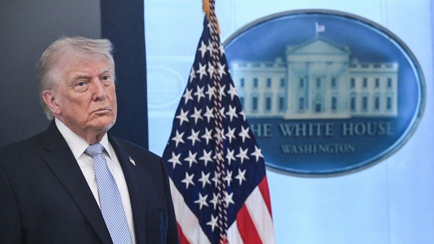 US President Donald Trump looks on during a press conference about the conflict in Iran in the James S. Brady Press Briefing Room of the White House, on April 6, 2026, in Washington.