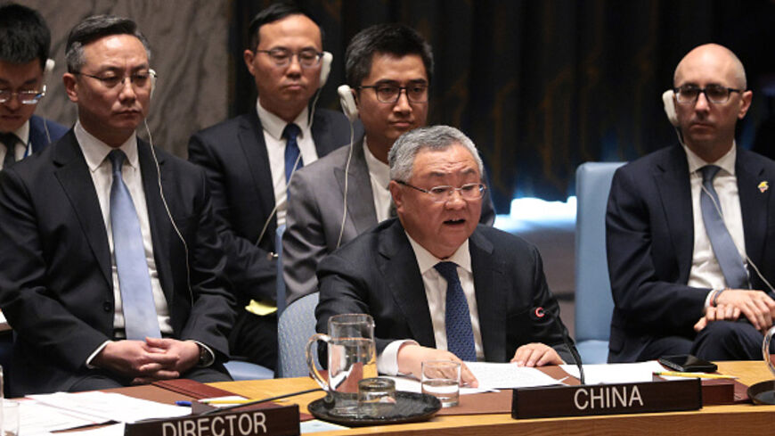 Fu Cong, China's permanent representative to the UN, speaks during a UN Security Council meeting regarding the situation in the Middle East on April 7, 2026, in New York City. A vote on a resolution in the Security Council introduced by Bahrain focusing on reopening the Strait of Hormuz failed after opposition from Russia and China. (Photo by Michael M. Santiago/Getty Images)