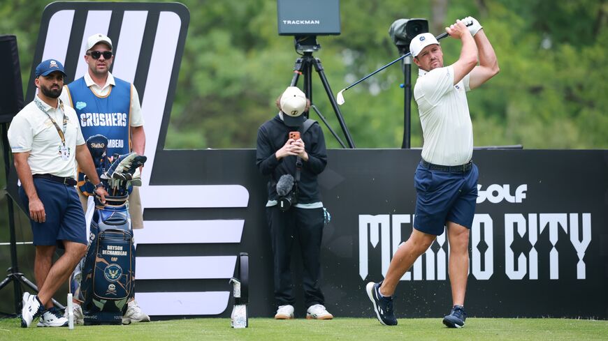 Bryson DeChambeau of Crushers GC plays his shot from the 17th tee prior to LIV Golf Mexico City at Club de Golf Chapultepec on April 15, 2026, in Mexico City.