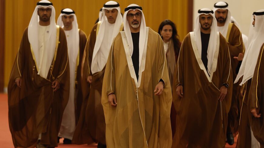 Sheikh Khaled bin Mohamed bin Zayed Al Nahyan, Crown Prince of Abu Dhabi, United Arab Emirates(C), arrives for a meeting with China's President Xi Jinping at the Great Hall of the People on April 14, 2026, in Beijing, China. (Haruna Furuhashi /Getty Images)