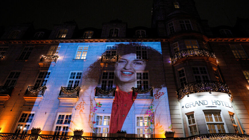 FILE PHOTO: A picture of Nobel Peace Prize winner Narges Mohammadi on the wall of the Grand Hotel in central Oslo before the Nobel banquet, in connection with the awarding of the Nobel Peace Prize 2023, in Oslo, Norway December 10, 2023. NTB/Javad Parsa via REUTERS