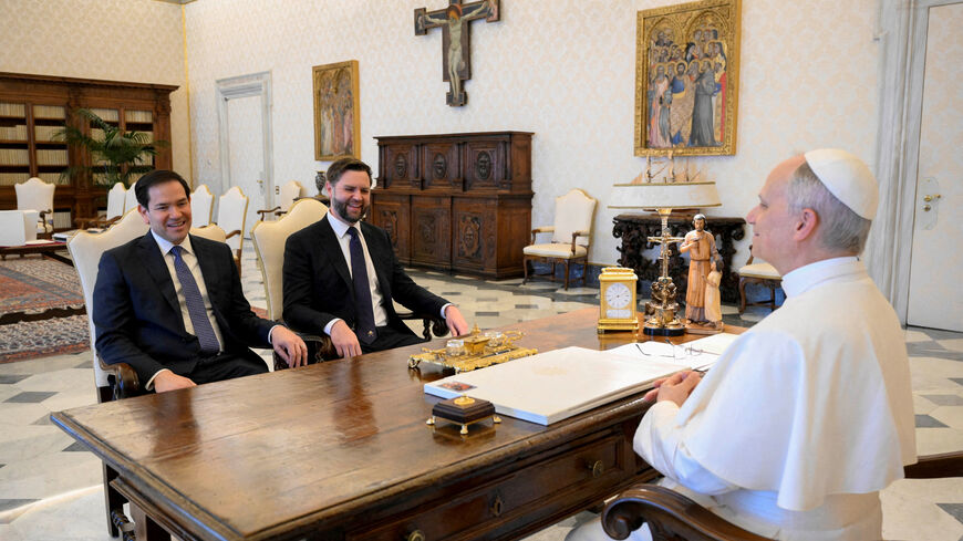 FILE PHOTO: Pope Leo XIV meets U.S Vice President JD Vance and U.S. Secretary of State Marco Rubio at the Vatican, May 19, 2025. Vatican Media/­Simone Risoluti/Handout via REUTERS    ATTENTION EDITORS - THIS IMAGE WAS PROVIDED BY A THIRD PARTY./File Photo