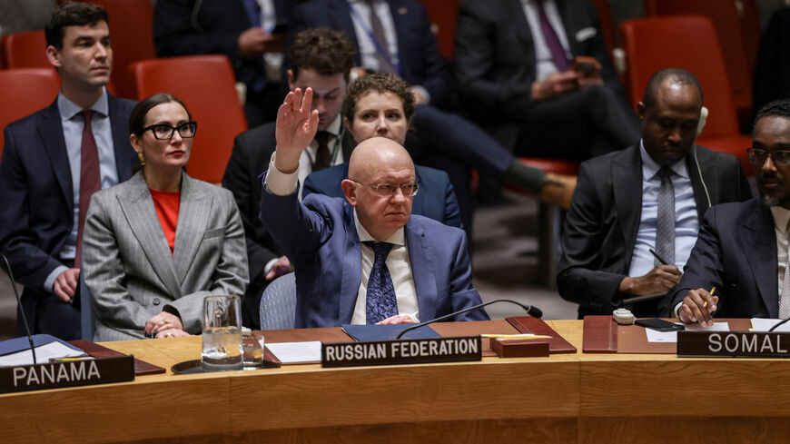 Russia's Permanent Representative Vasily Nebenzya casts a vote during a United Nations Security Council meeting on a Hormuz resolution at U.N. headquarters in New York City, U.S., April 7, 2026. REUTERS/Jeenah Moon