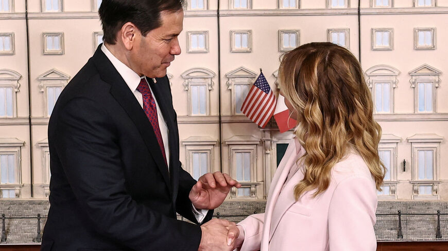 Italian Prime Minister Giorgia Meloni shakes hands with U.S. Secretary of State Marco Rubio at Chigi Palace, in Rome, Italy, May 8, 2026. REUTERS/Matteo Minnella