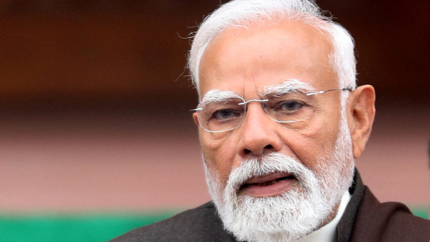 FILE PHOTO: India's Prime Minister Narendra Modi addresses the media upon his arrival at the parliament on the second day of the budget session in New Delhi, India, January 29, 2026. REUTERS/Altaf Hussain/File Photo