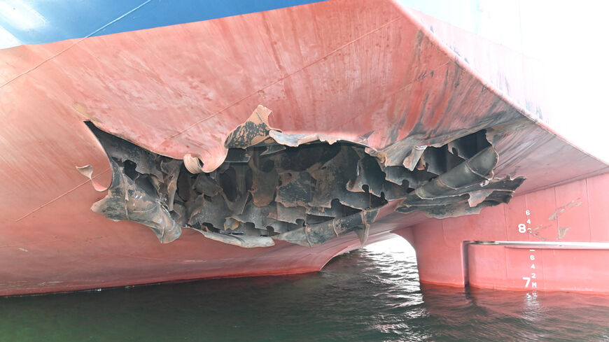 The damaged stern of a bulk carrier operated by South Korean shipper HMM, after it was struck by two unidentified objects on May 4 while stranded in the Strait of Hormuz, in this handout picture released on May 10, 2026.    South Korean Foreign Ministry/Handout via REUTERS   ATTENTION EDITORS - THIS IMAGE HAS BEEN SUPPLIED BY A THIRD PARTY.