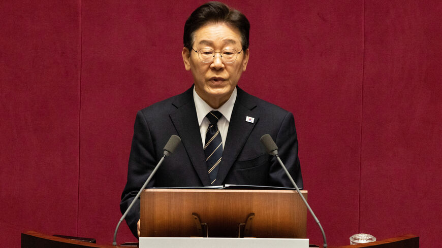 South Korean President Lee Jae Myung gives a speech on the Government's first supplemetary budget bill of 2026 at the National Assembly in Seoul, South Korea, 02 April 2026. JEON HEON-KYUN/Pool via REUTERS