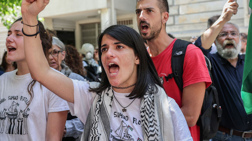 Activists protest outside the foreign ministry in Athens, demanding the country’s intervention, after flotilla aid vessels bound for Gaza were intercepted by Israeli forces, and activists, including Greek nationals, were detained in the eastern Mediterranean, in Athens, Greece, May 19, 2026. REUTERS/Louisa Gouliamaki