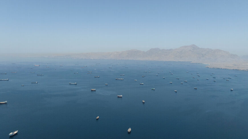 A drone view shows vessels anchored at the Strait of Hormuz, as seen from Musandam, Oman, May 25, 2026. REUTERS/Stringer