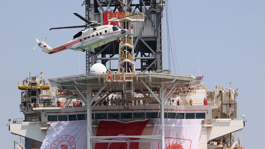 The helicopter of Turkish President Recep Tayyip Erdogan lands on Abdulhamid Han drill ship, the fourth built by Turkey, in Mersin on Aug. 9, 2022, before being sent for gas exploration to an undisputed area in the Mediterranean Sea, south of Gazipasa. 