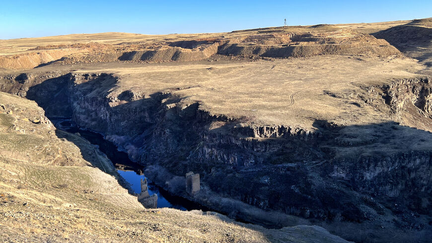 A picture taken near Kars on Feb. 28, 2024 shows the ruins of a bridge over Arpacay river, the natural border between Turkey and Armenia.