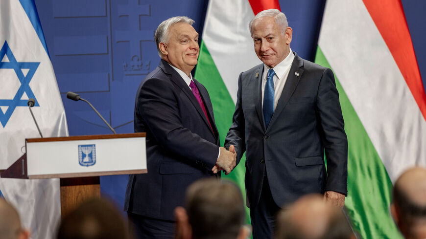 Israeli Prime Minister Benjamin Netanyahu, (R) shakes hands with Viktor Orban, Hungary's prime minister, during a news conference on April 3, 2025 in Budapest, Hungary.