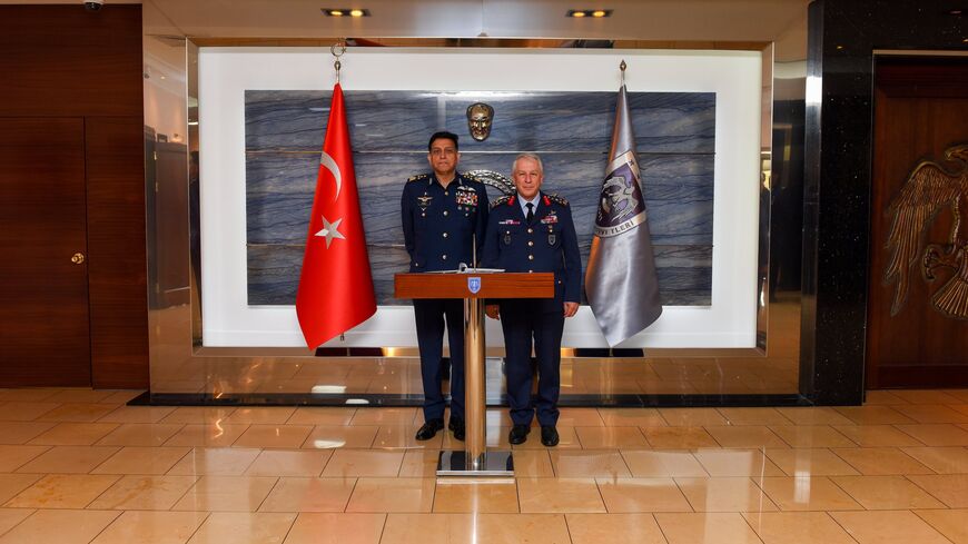 Turkish Minister of National Defense Yasar Guler (C) received Pakistan Air Force Commander General Zaheer Ahmed Baber Sidhu (L) at his office, on May 19. 2026, in Ankara. 