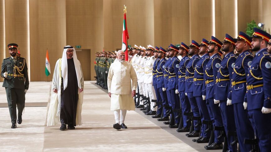 Prime Minister Narendra Modi visited Abu Dhabi on May 15, 2026, and was warmly received by the UAE President His Highness Sheikh Mohamed Bin Zayed Al Nahyan at the airport. The PM is shown being accorded a Guard of Honor upon his arrival.