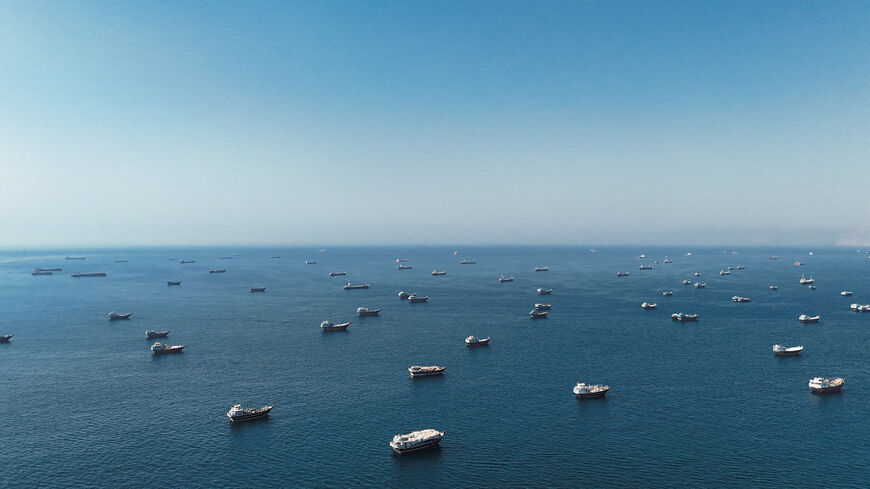A drone view shows vessels at the Strait of Hormuz, as seen from Musandam, Oman, June 1, 2026. REUTERS/Stringer