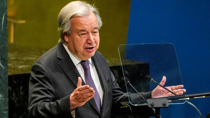 FILE PHOTO: United Nations Secretary-General Antonio Guterres speaks to delegates during a meeting on Nuclear Non-Proliferation Treaty at U.N. headquarters in New York City, U.S., April 27, 2026.  REUTERS/Eduardo Munoz/File Photo