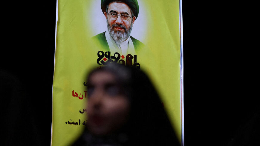 A banner with a picture of Iran’s new Supreme Leader, Mojtaba Khamenei, during a rally in Tehran, Iran, May 6, 2026. Majid Asgaripour/WANA (West Asia News Agency) via REUTERS ATTENTION EDITORS - THIS PICTURE WAS PROVIDED BY A THIRD PARTY      TPX IMAGES OF THE DAY