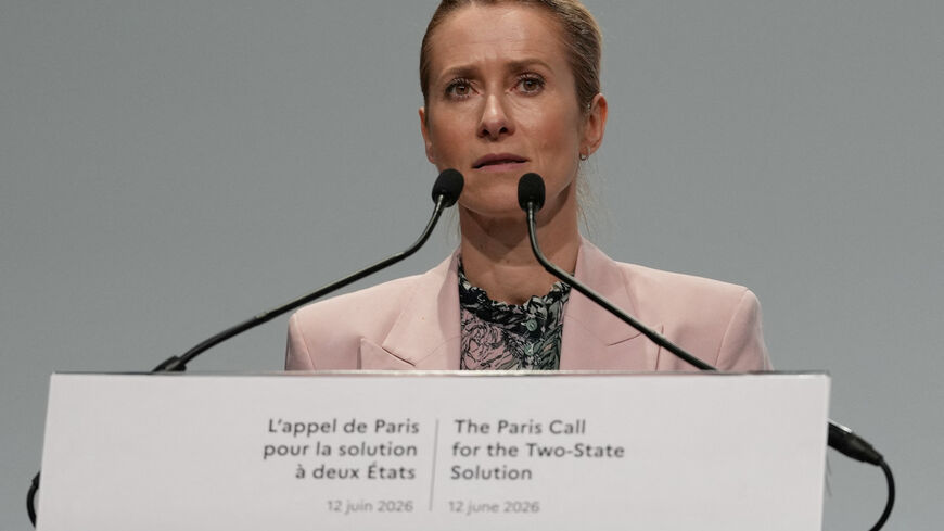 EU High Representative of Foreign Affairs and Security Policy, Kaja Kallas, speaks during a conference with Israeli and Palestinian civil society groups to support a two-state solution, in Paris, France June 12, 2026.   Thibault Camus/Pool via REUTERS